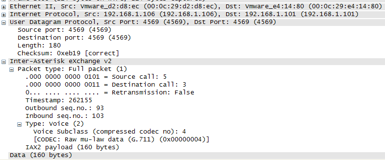 Wireshark-analysis of a Reinitiation IAX2-data-packet, telling the Asterisk PBX on the other side which codec is used and to which conversation it belongs. Taken from while only 1 channel was active.